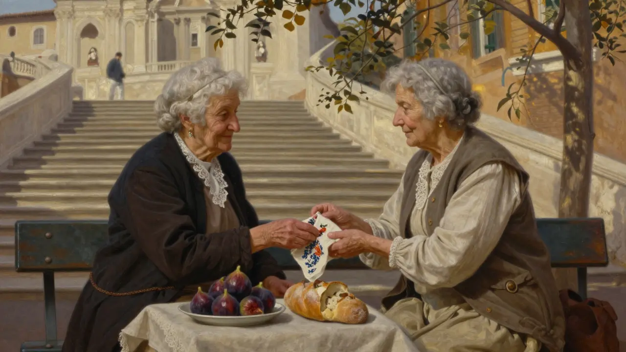 A woman and an elderly woman sit together on a bench near the Spanish Steps, sharing food and a handkerchief.