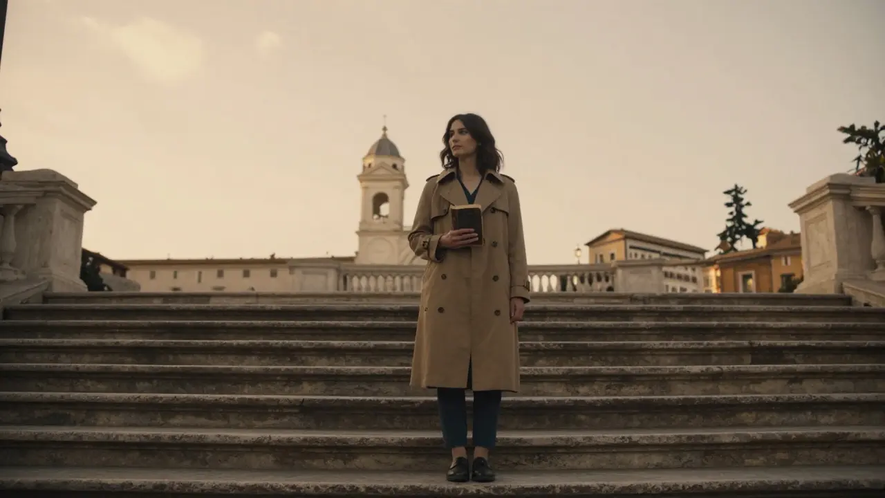 A woman stands alone on the empty Spanish Steps at sunset, calm and unobserved.