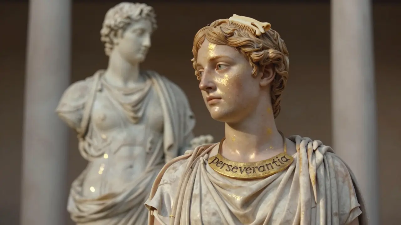 A woman stands before a Roman statue, her skin glowing naturally, hair loosely pinned, wearing a single engraved necklace.
