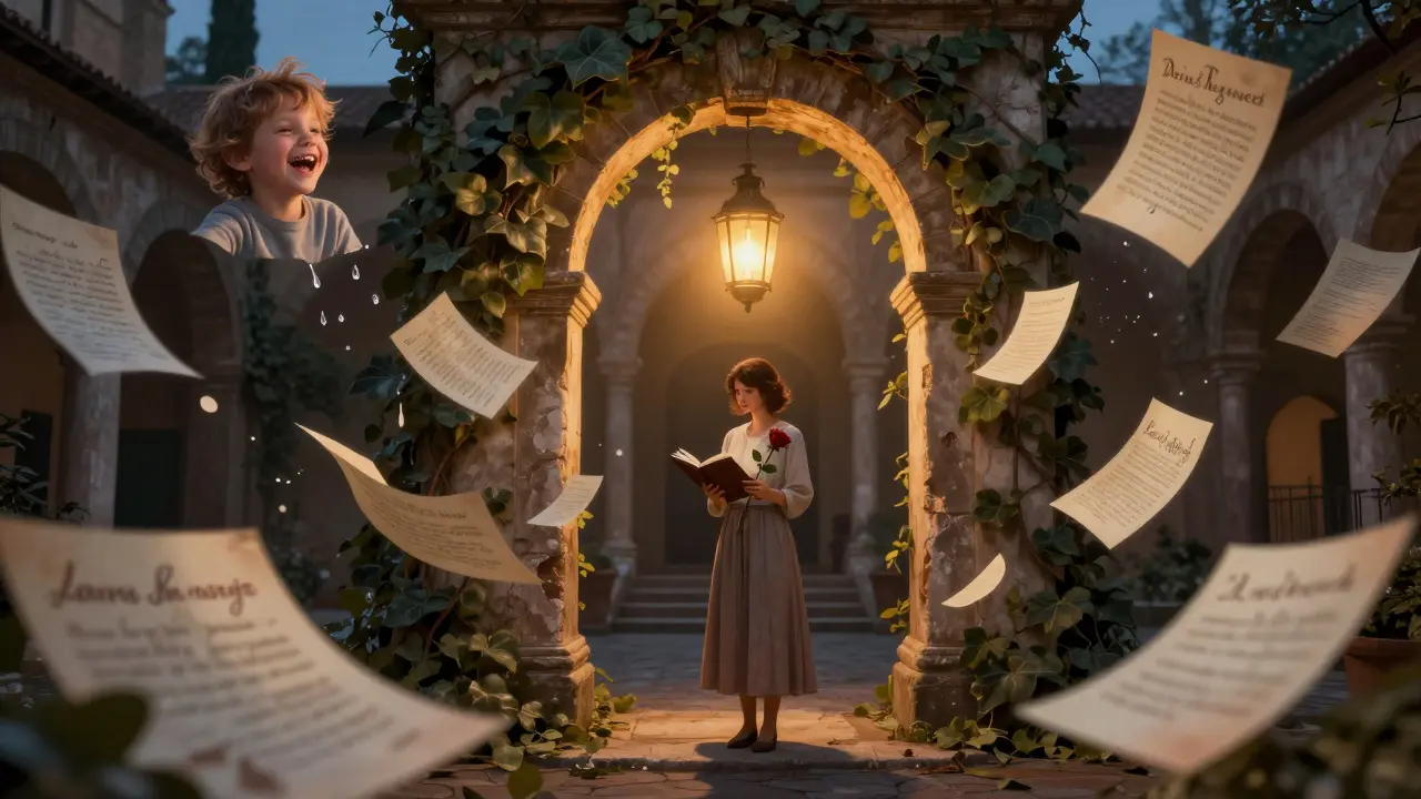 A woman stands in a hidden Roman courtyard holding a rose and notebook, floating memories dissolving into lantern light.