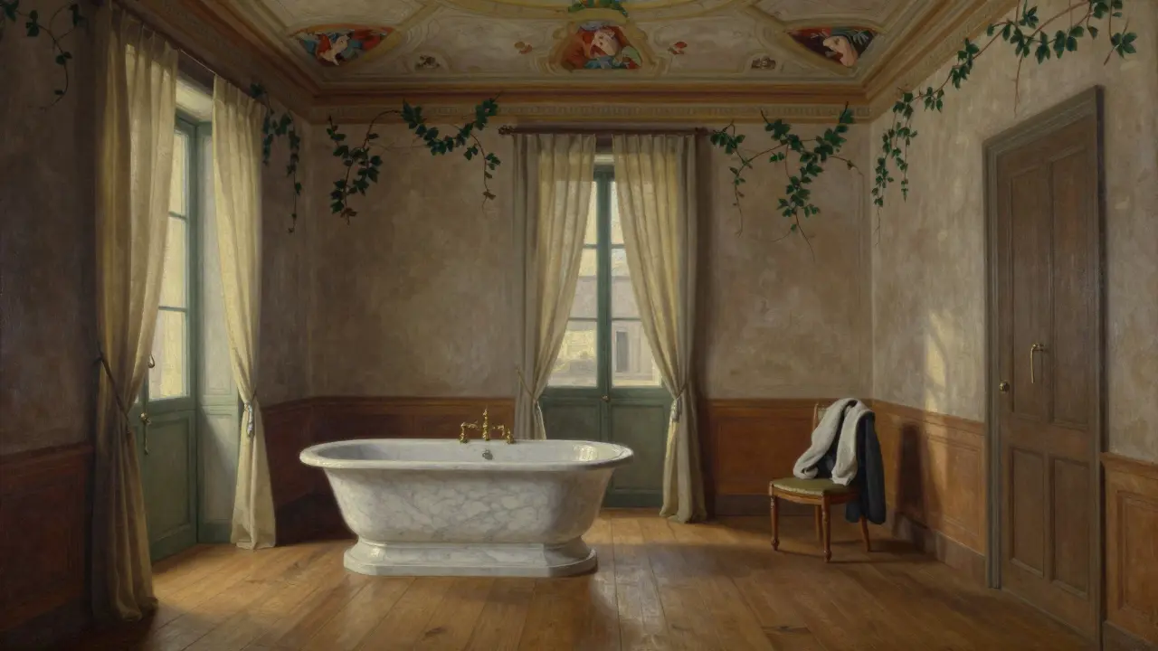 An elegant Roman apartment with frescoed ceilings and a marble bathtub, bathed in soft morning light, no modern devices visible.