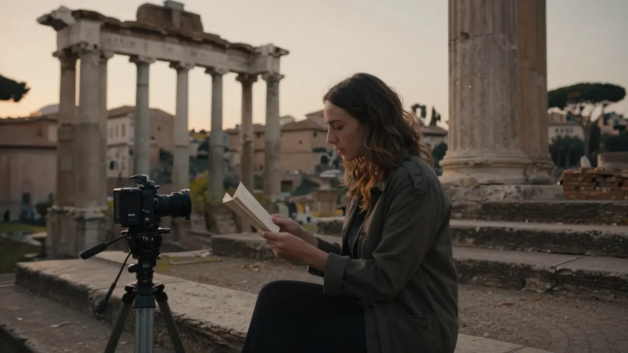 Federica reading poetry beside Roman Forum ruins at sunset, quiet and contemplative.
