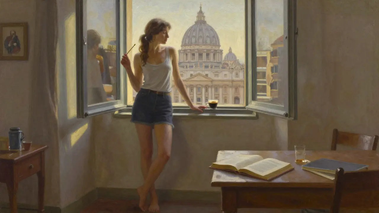 Gia stands barefoot in her quiet apartment at dawn, sunlight catching the dome of St. Peter’s, paintbrush in hand, book open nearby.