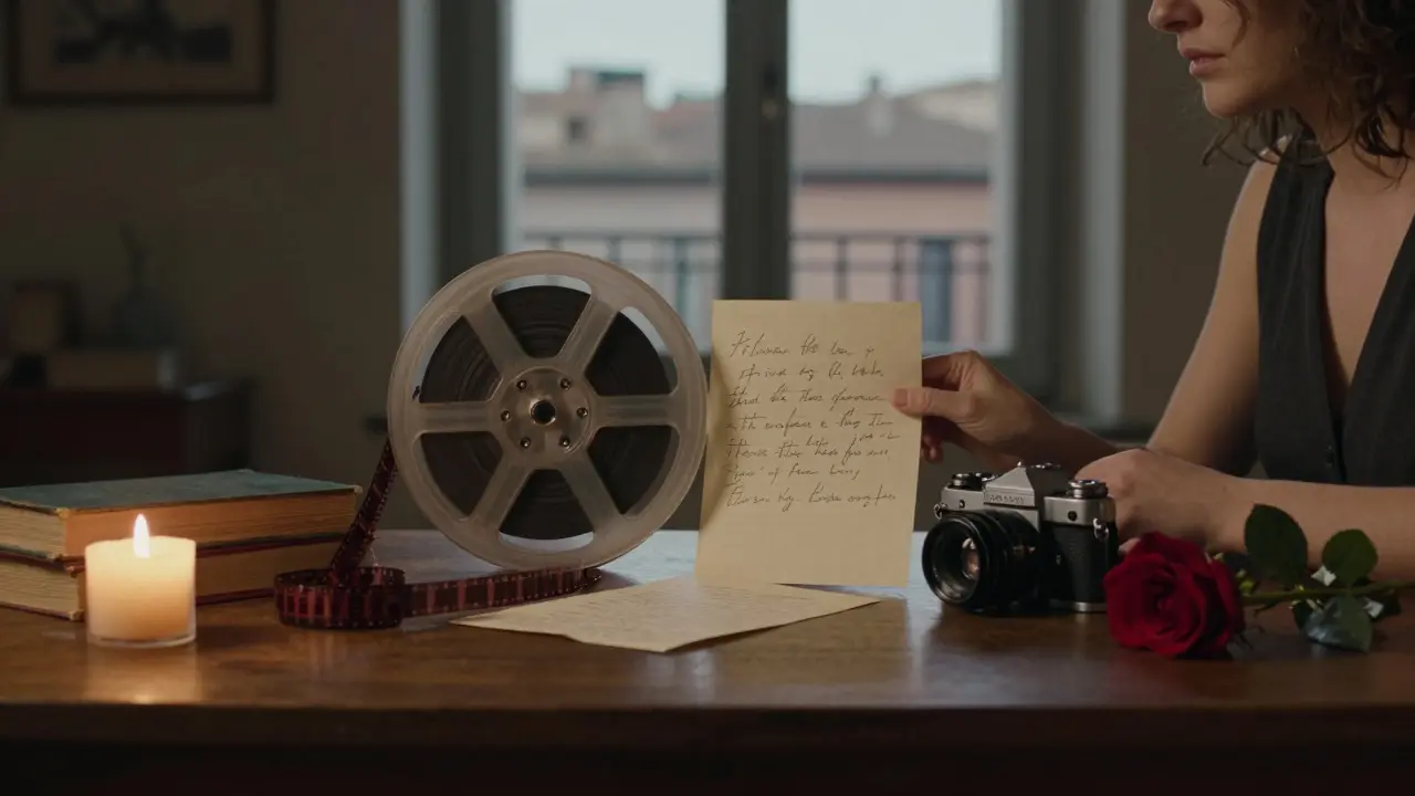 Hands holding film reel and letter on wooden table with candlelight and vintage camera gear.