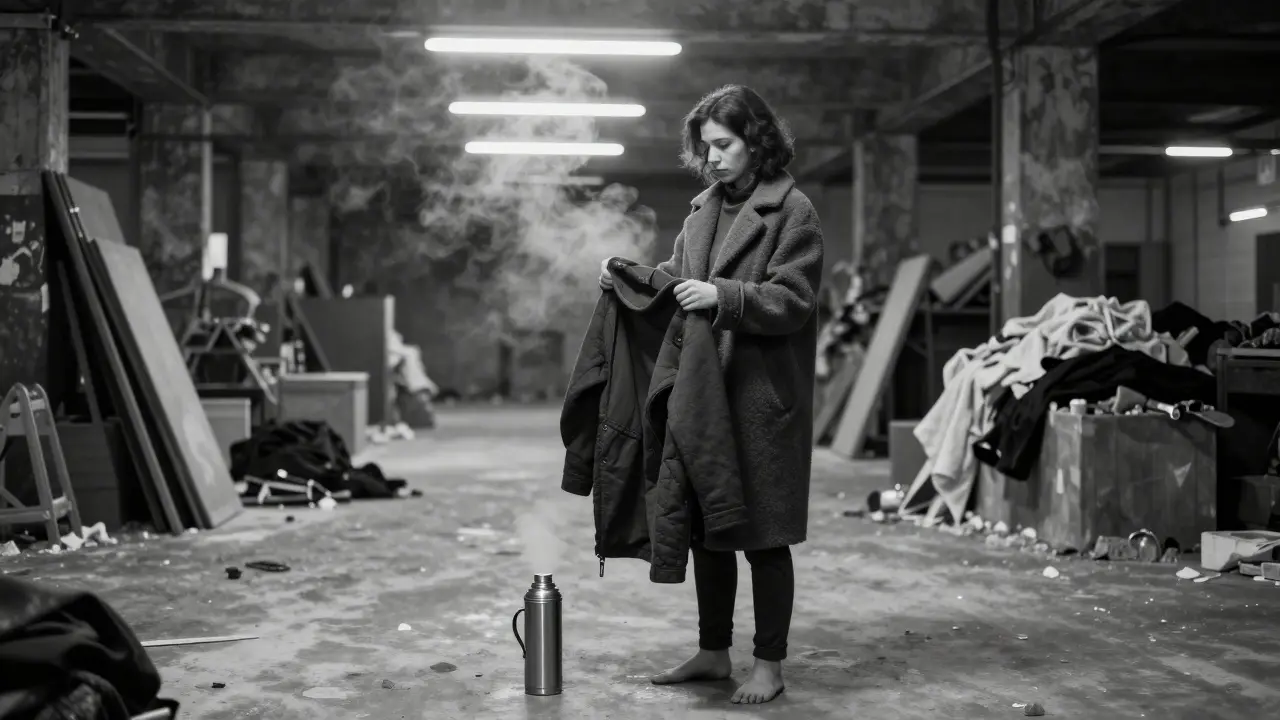 Rebecca in a cold warehouse, holding clothing under dim light, barefoot on concrete, steam rising from a thermos.