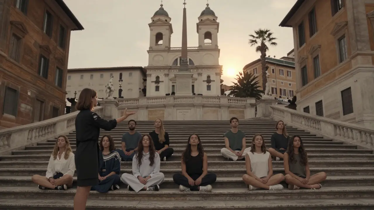 Rebecca teaching models on the Spanish Steps at dawn, guiding them in quiet stillness under rising sunlight.
