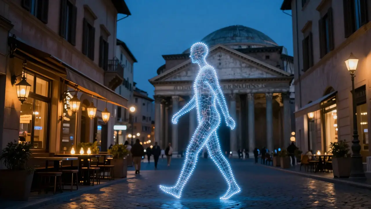 Roman night lights form the subtle outline of a person walking through the city, invisible yet present in the glow.