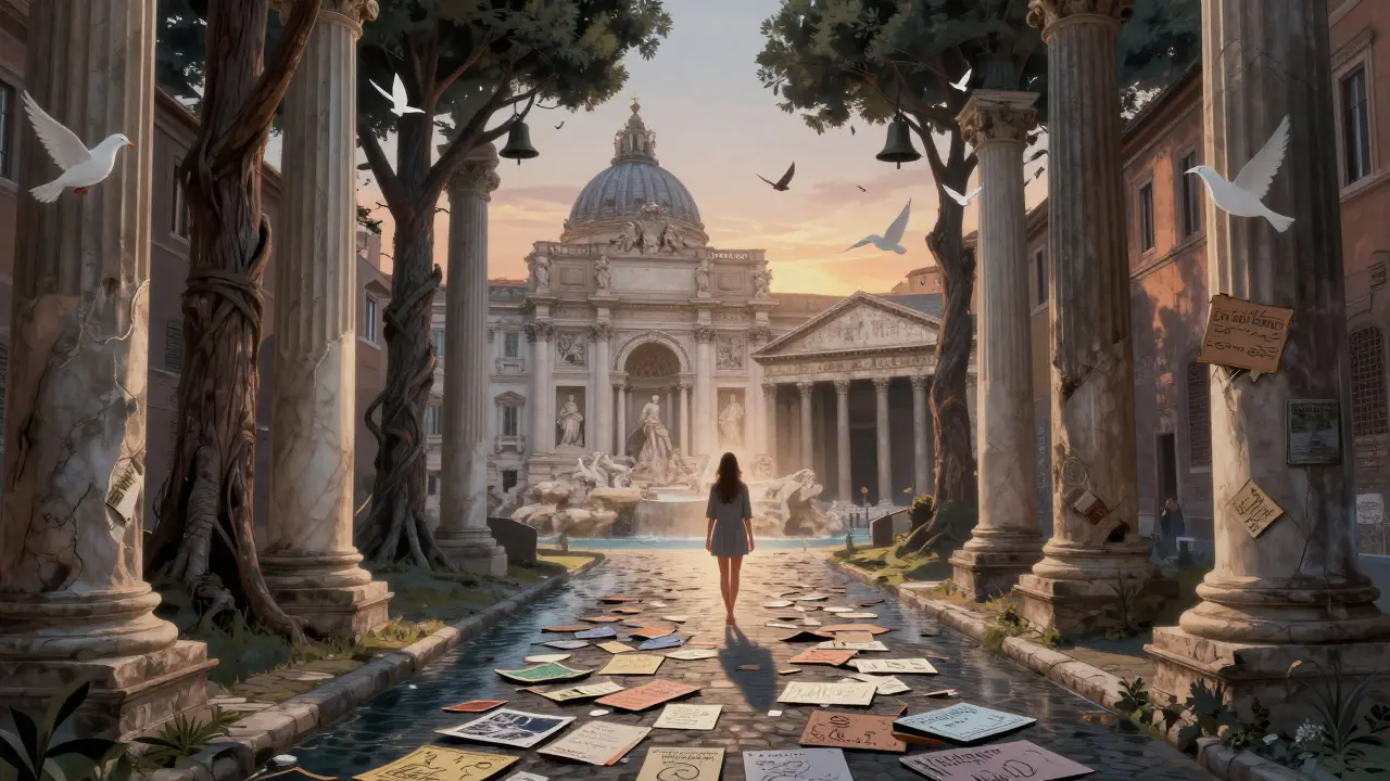 Rome as a living landscape with marble columns and floating postcards, a woman walking barefoot through its heart.