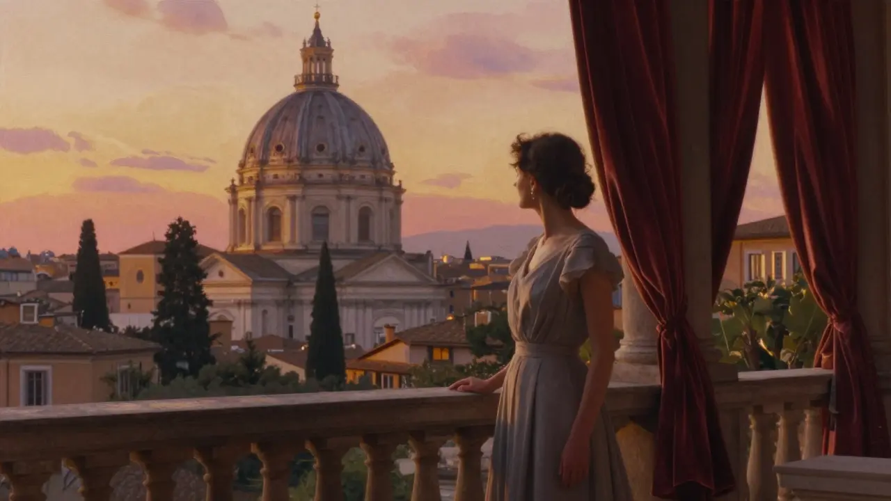Sunset over the Pantheon from Pincio Terrace, golden light painting the city in watercolor tones, a solitary figure gazing downward.
