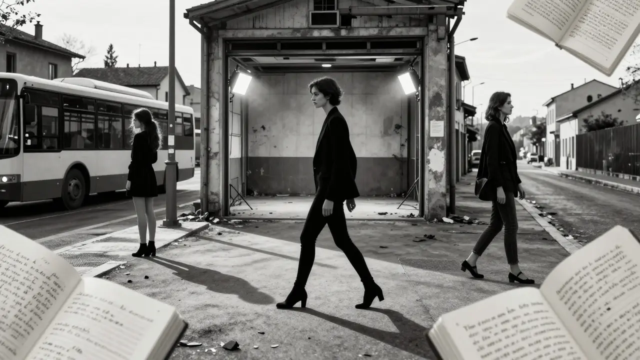 Three silhouettes merge into one: girl on a bus, model in a garage, woman walking Rome’s streets—symbolizing Gia’s transformation.