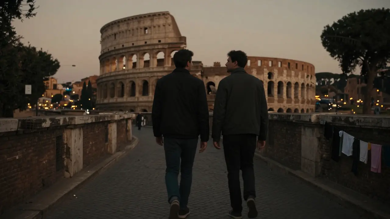Two people walk silently along the Tiber River at dusk, the Colosseum in the distance, no cameras, only shared stillness.