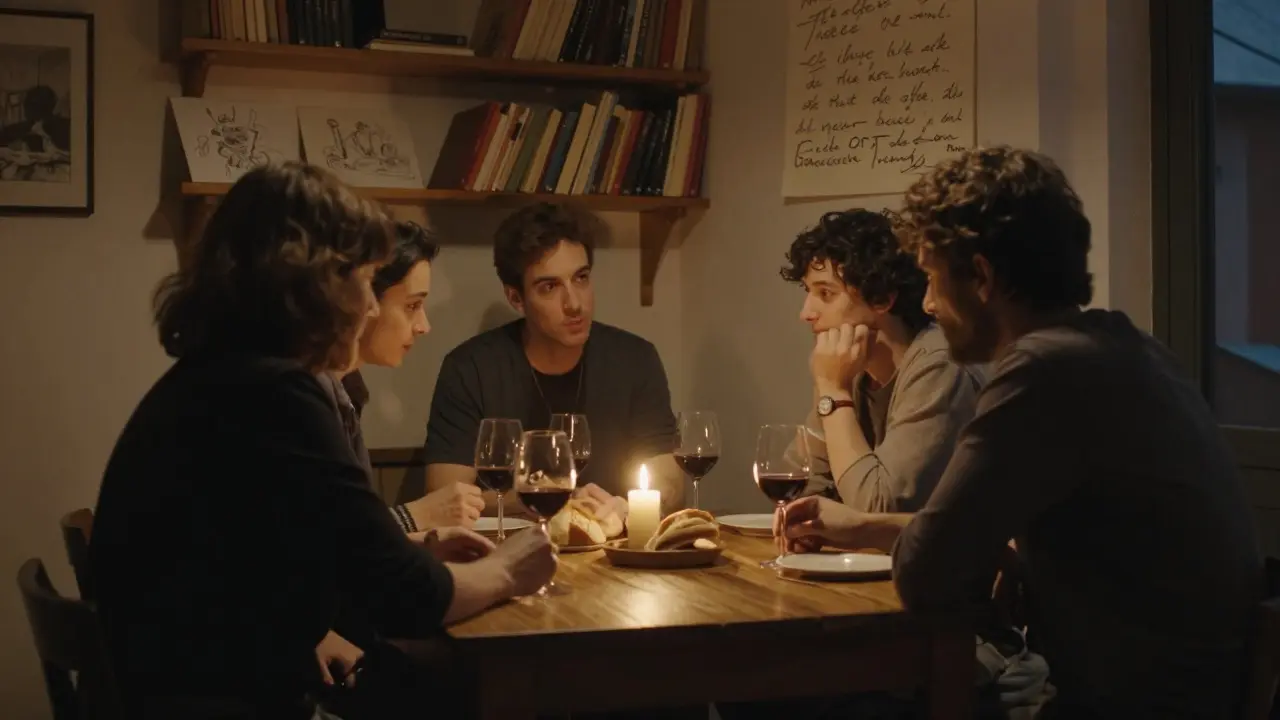 A quiet dinner in a Roman apartment, candlelight reflecting off wine glasses and engaged faces.