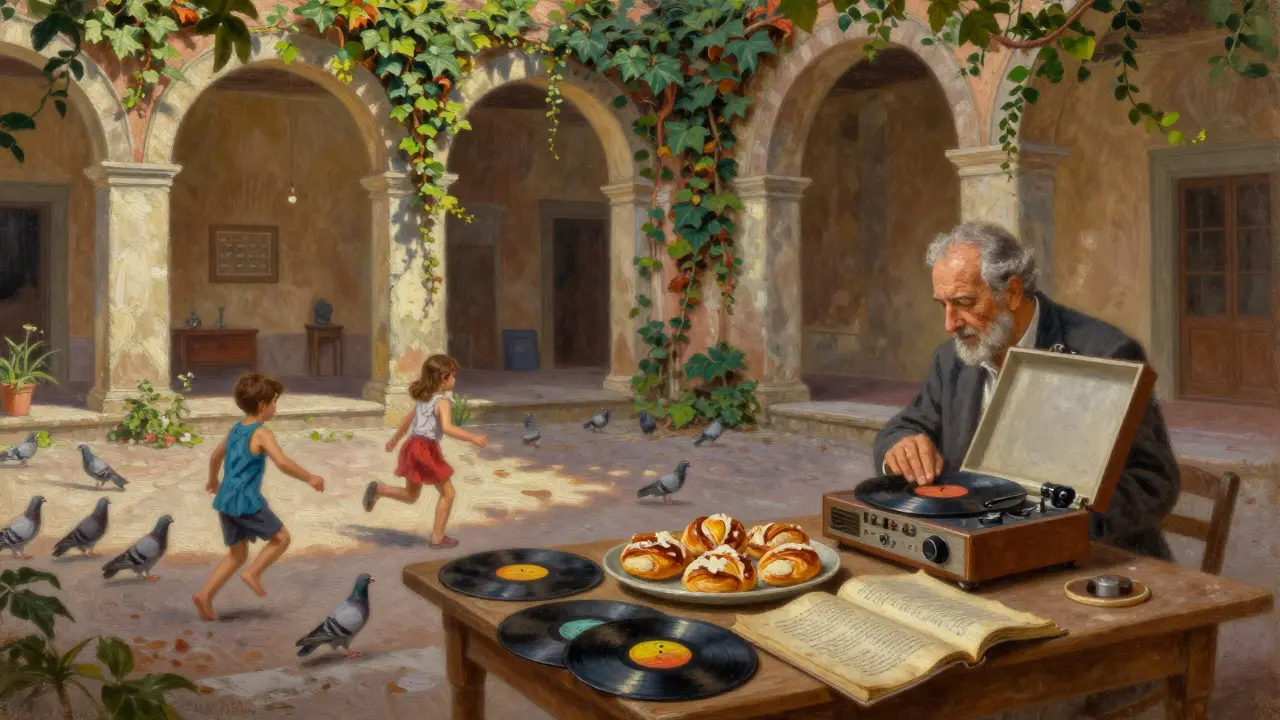 A quiet Roman courtyard with an old man playing vinyl records, children chasing pigeons, and homemade pastries on a wooden table.