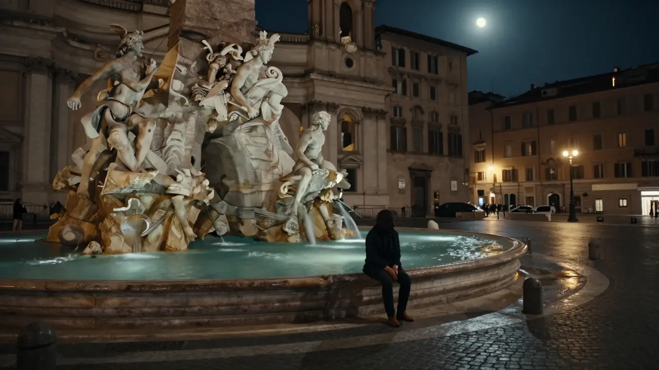 A solitary figure sits by the fountain in Piazza Navona at midnight, bathed in moonlight as water softly trickles.