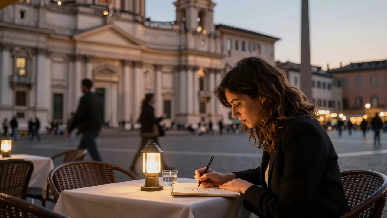 A woman sketching alone at a Roman trattoria table at dusk, lantern glow, blurred piazza in background.