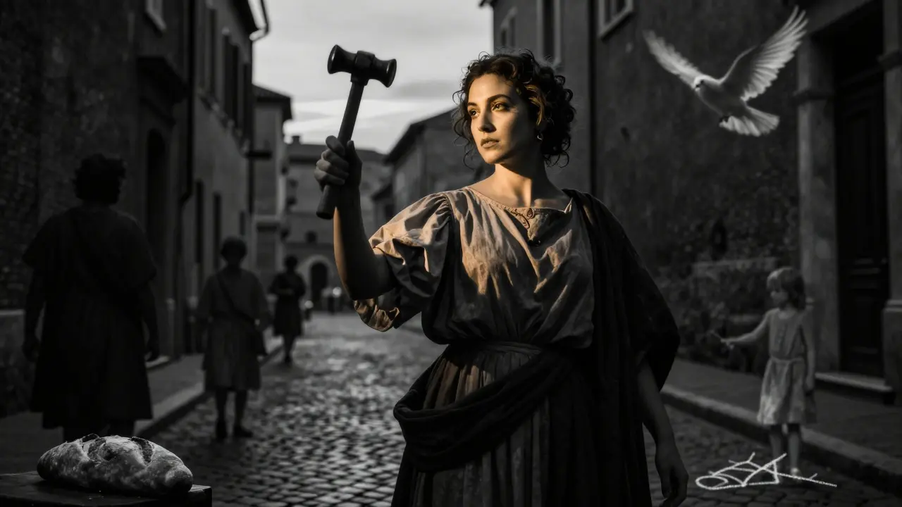 Adult Marica stands in a Roman alley, half-lit by dramatic chiaroscuro, surrounded by ghostly symbols of her roots.