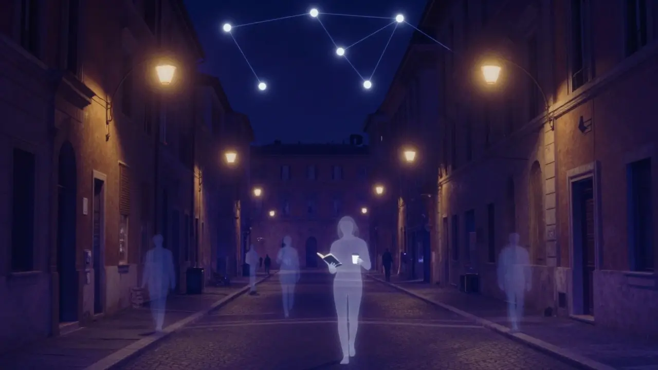 An abstract vision of Rome at night, glowing lights and a faint translucent figure symbolizing quiet presence.