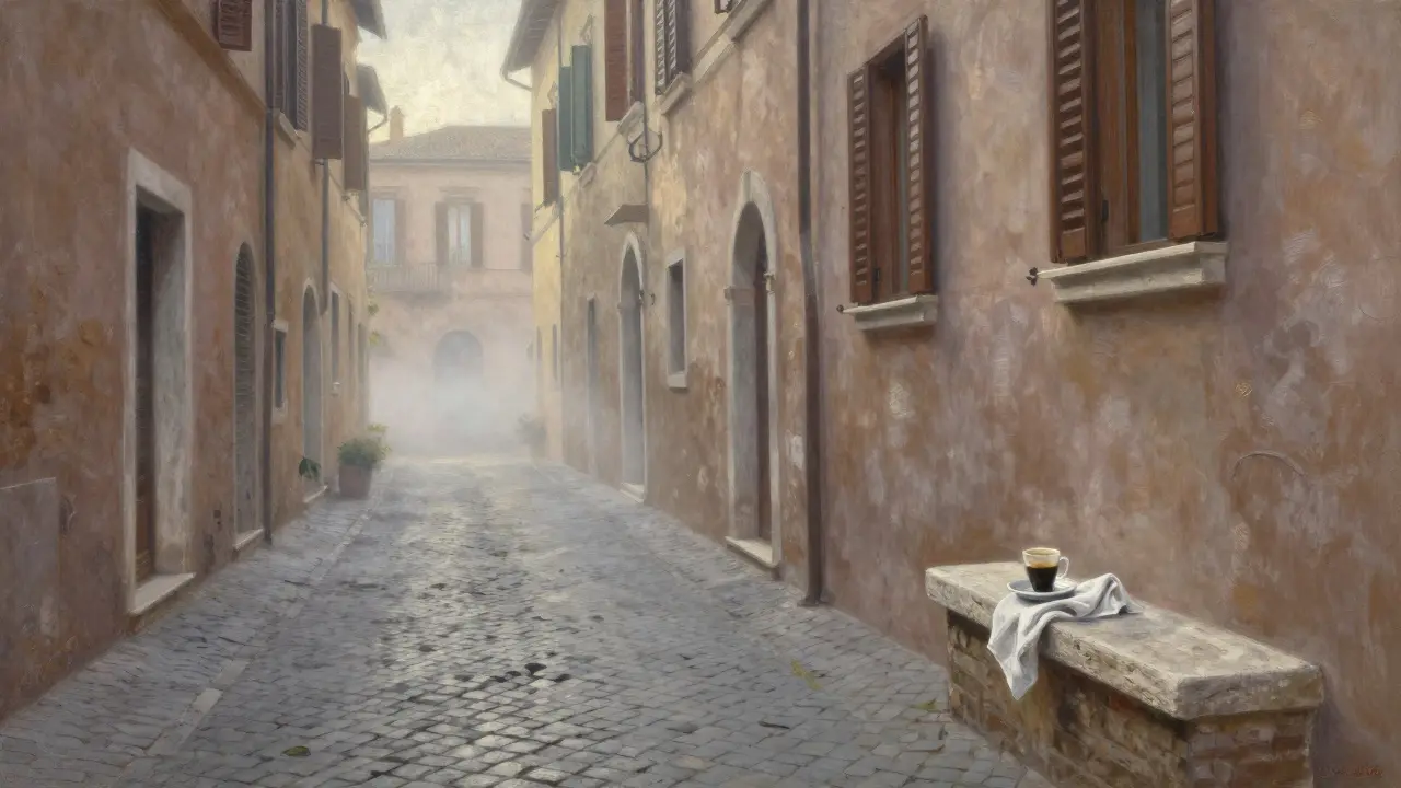 An empty Roman alley at dawn, a single espresso cup left on a stone ledge, mist curling around centuries-old cobblestones.
