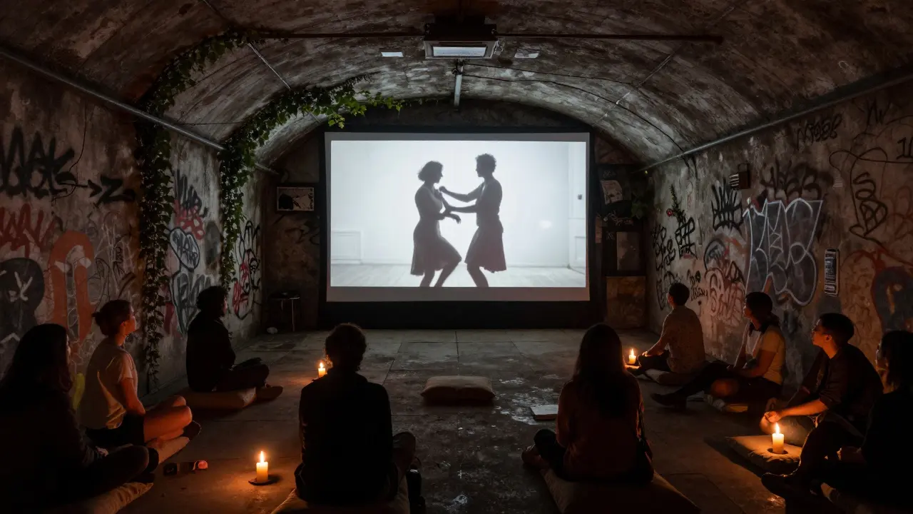 An underground art space where a small audience watches a candlelit dance on film.