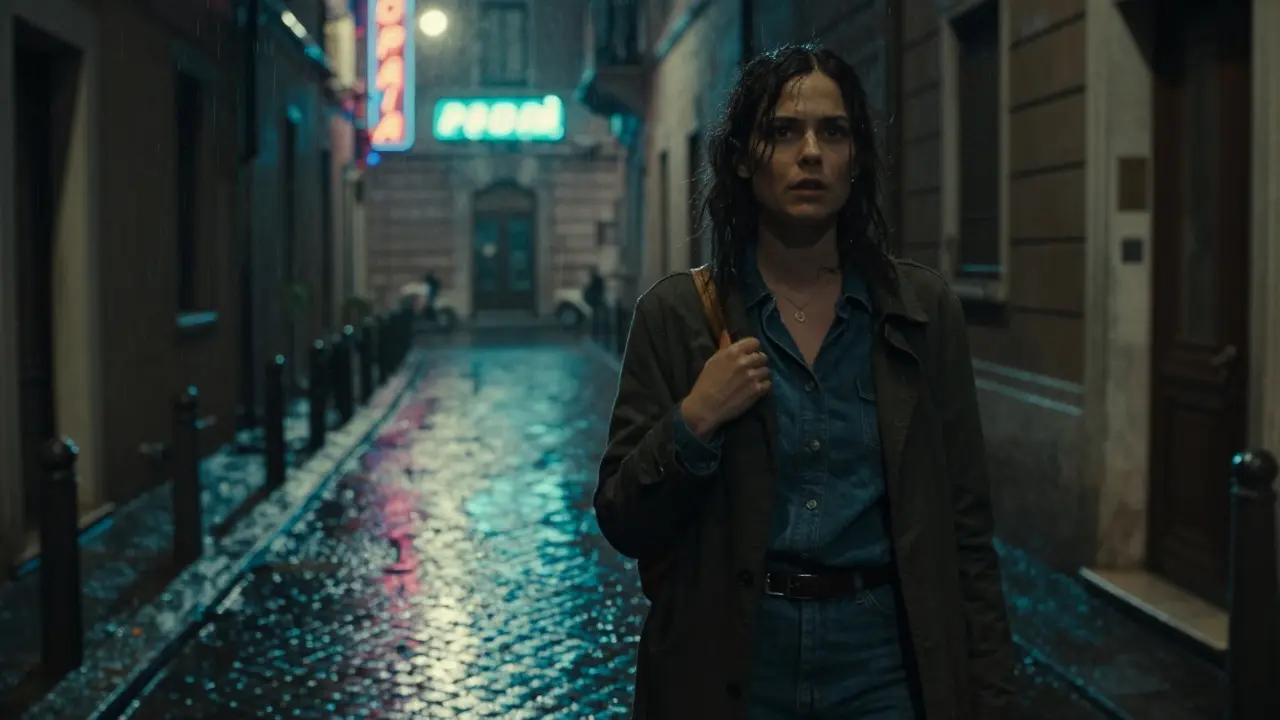 Elena navigating rain-soaked Roman alley in 'Roma Sotterranea'