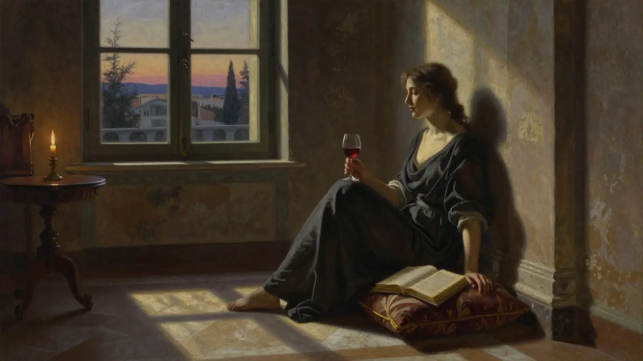 Federica sits by a window in a Roman villa at twilight, wine glass beside her, soft candlelight casting long shadows.