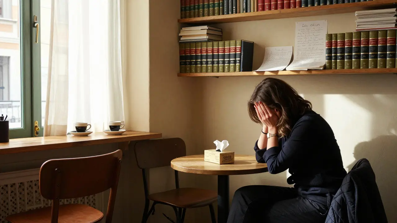 Inside La Casa Libera, Gia offering comfort to a woman over espresso, sunlit room filled with books and quiet solidarity.
