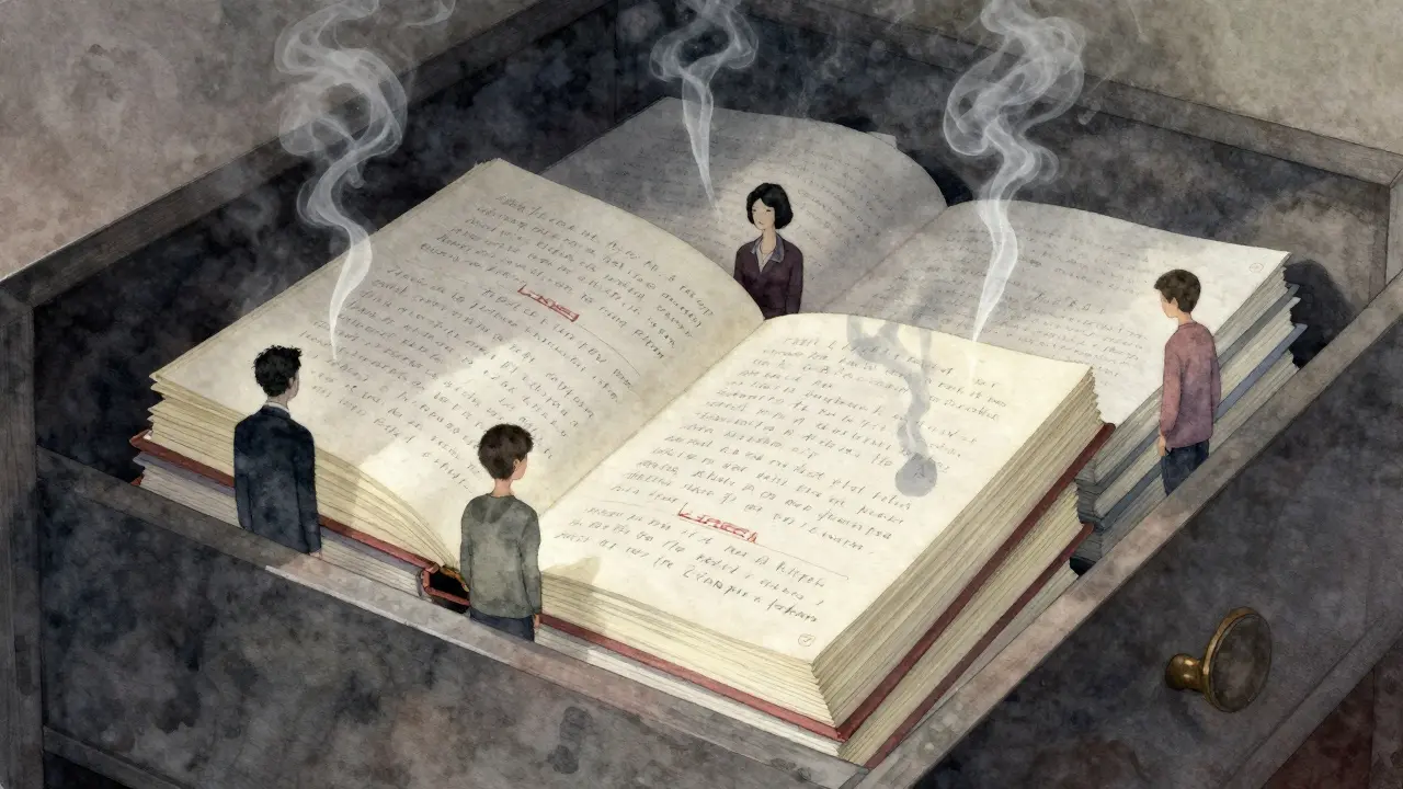 Stacked handwritten journals in a dim drawer, faint ghostly silhouettes of voices rising from the pages.