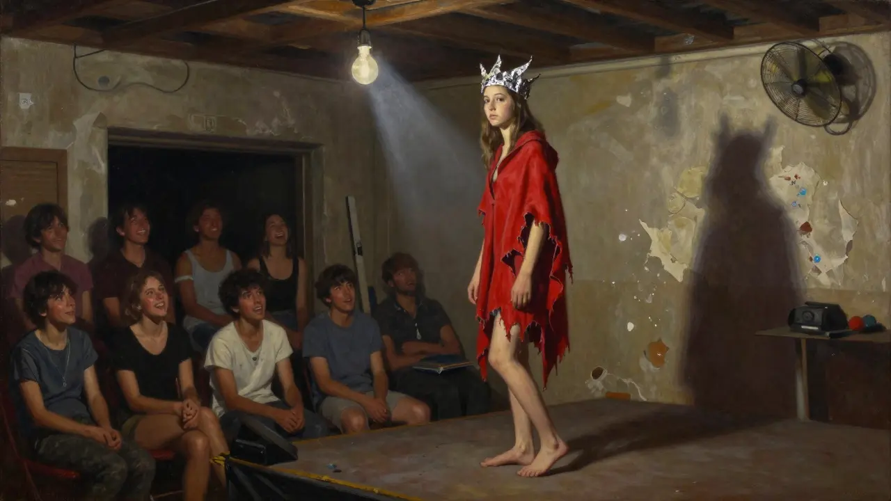 Teenage Marica performs barefoot in a dim garage theater, wearing a foil crown, under flickering lights.