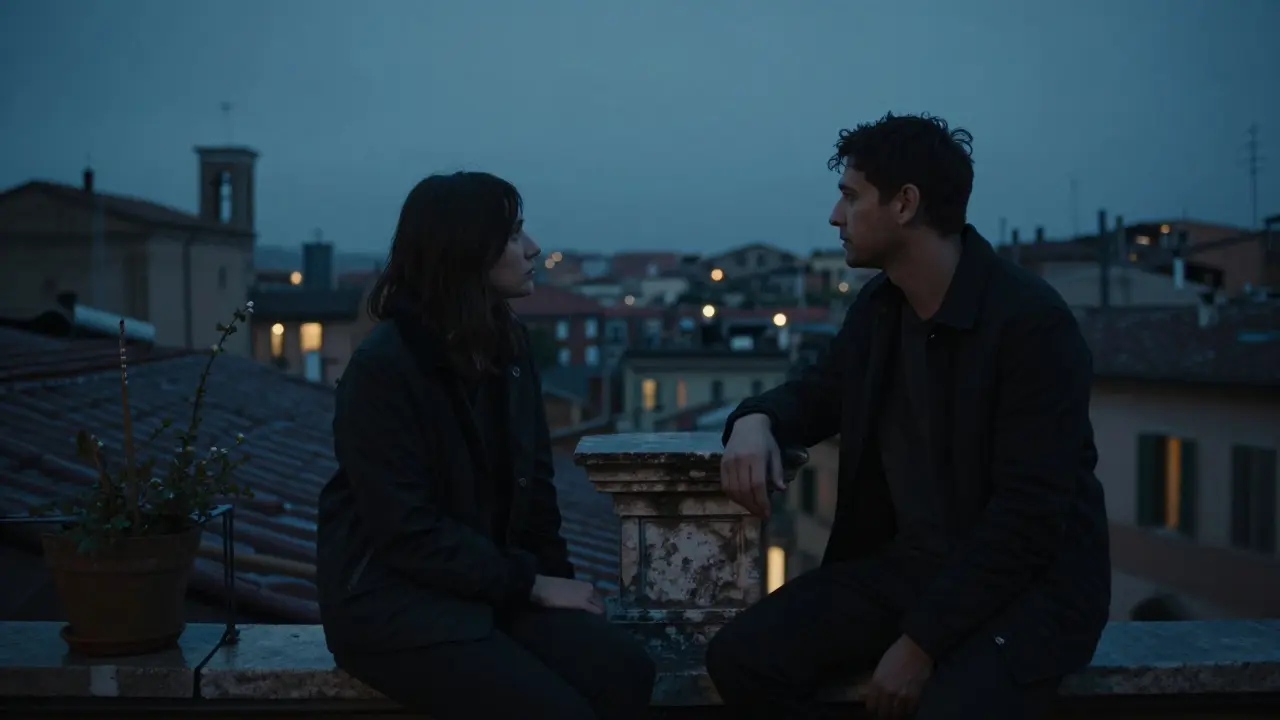Two people on a twilight rooftop garden, rain falling softly as they sit in silent closeness.