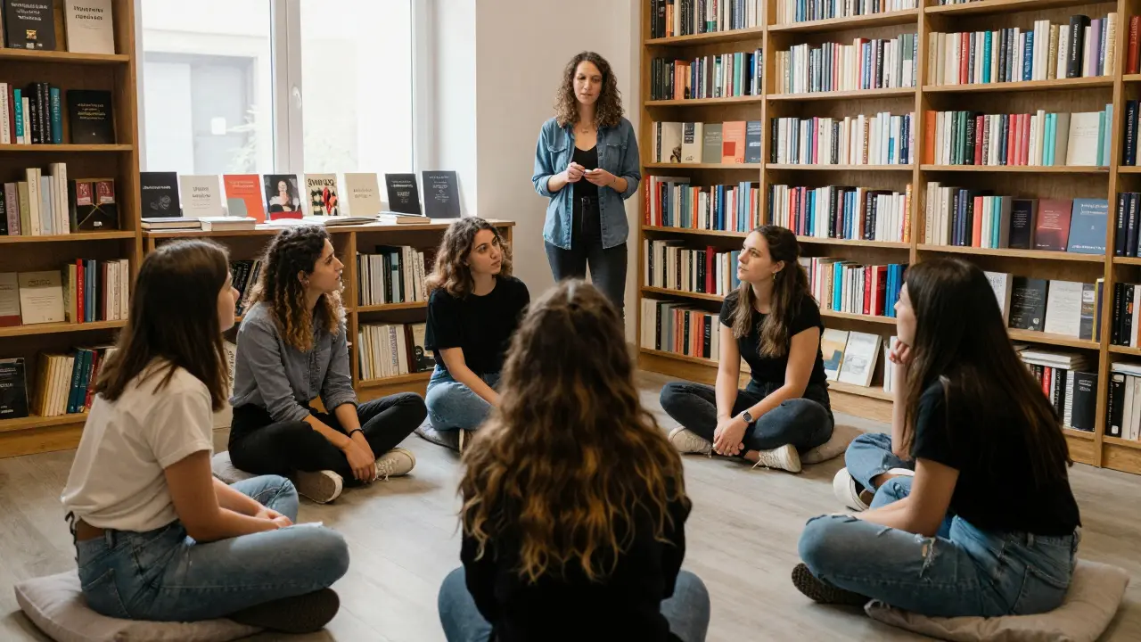 Valentina leading a private workshop in a book-filled studio, five women listening intently, no cameras, natural light, books on literature and consent visible.