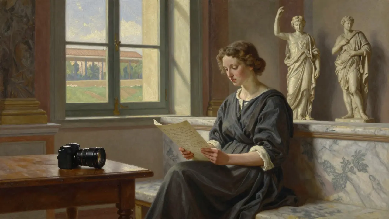 Valentina reading an essay in a sunlit Roman villa, classical statues in background, camera resting nearby, quiet and contemplative mood.