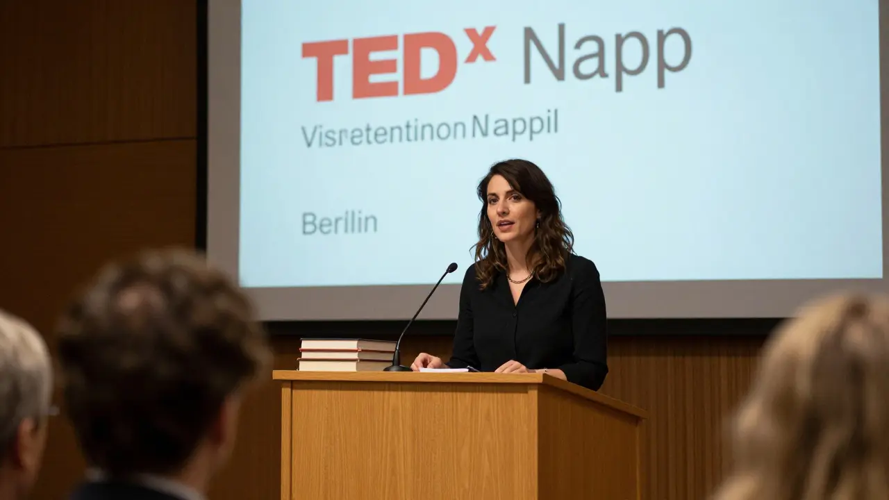 Valentina speaking at a university lecture in Berlin, surrounded by academic atmosphere.