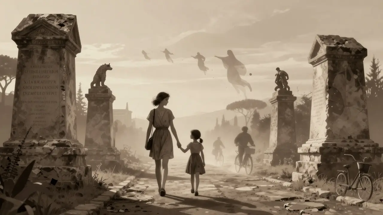 Vittoria walking with a child along the Appian Way, ghostly figures of historical Romans floating behind them in sepia tones.