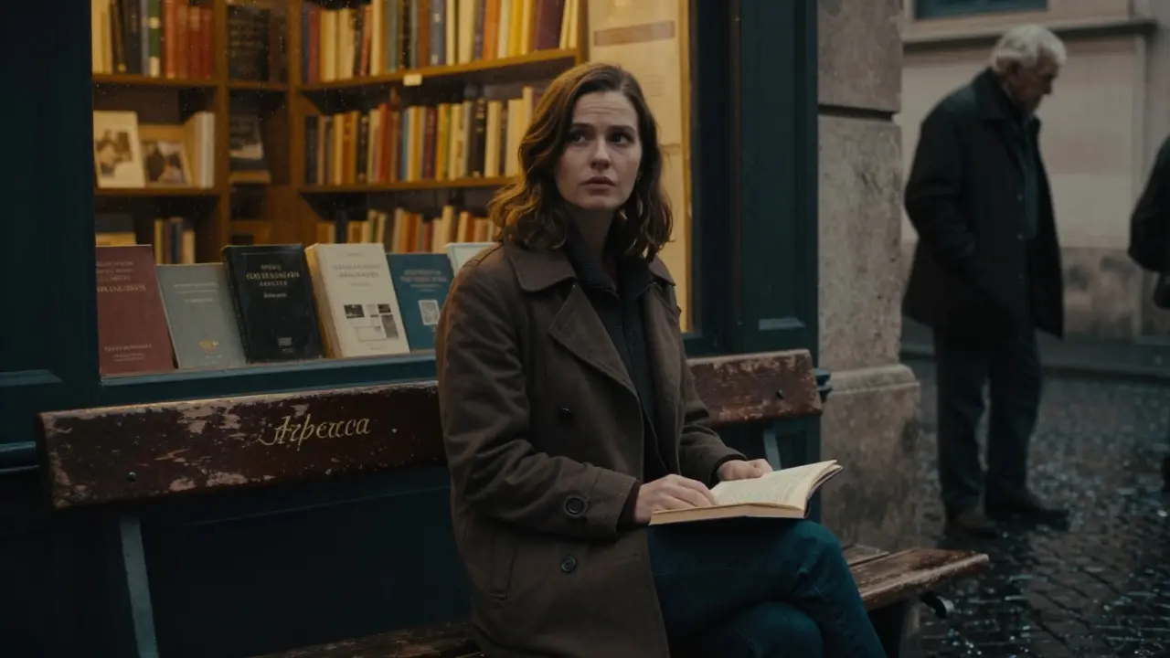 A British expat in Rome sits reading Rilke outside a bookshop, rain glistening on cobblestones.