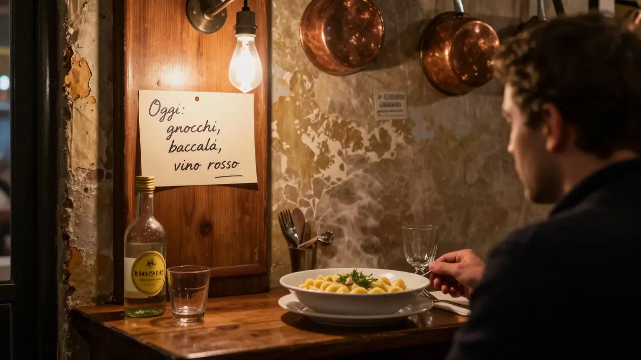 A cozy trattoria counter with steaming gnocchi, a handwritten note, and a small bottle of limoncello under soft light.