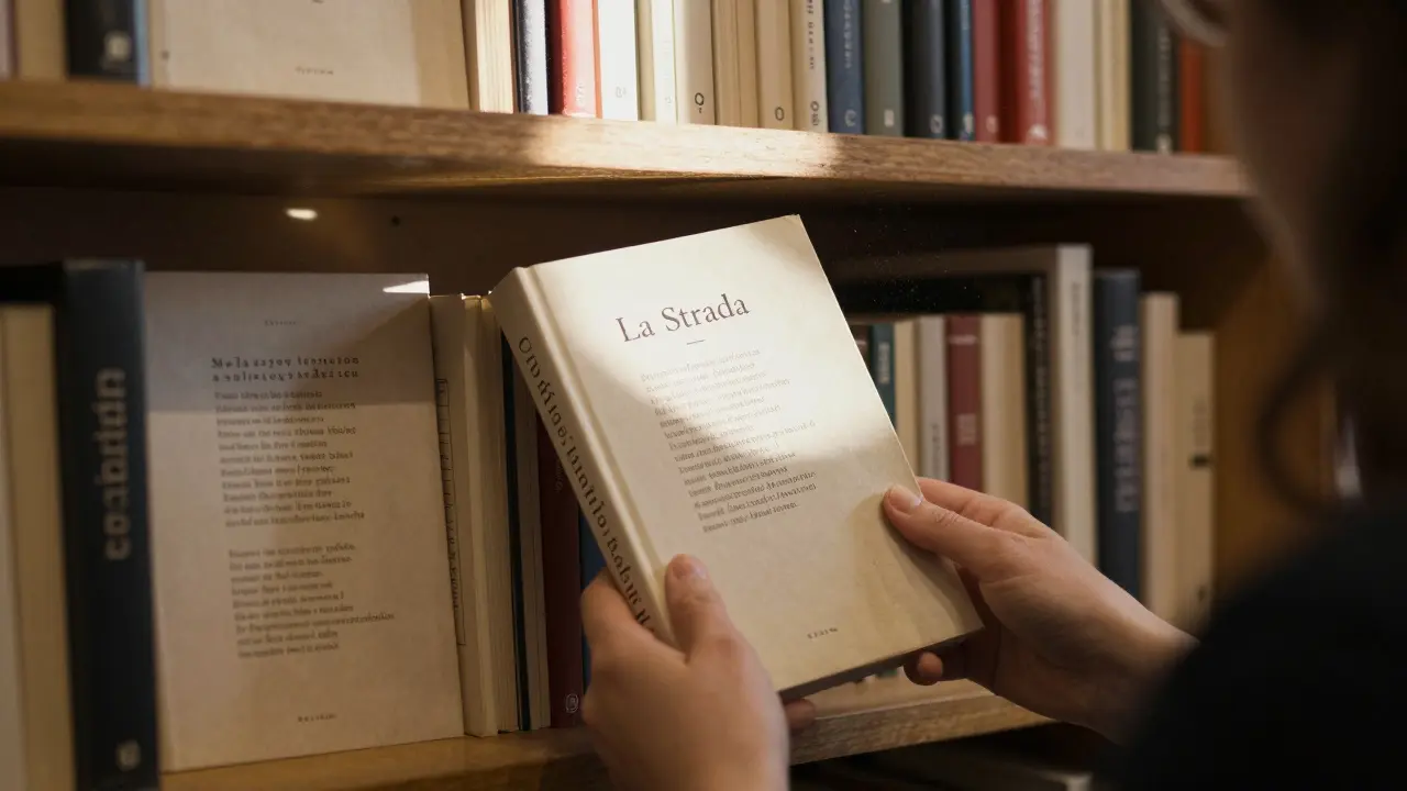 A hand places a hand-bound poetry book on a shelf in a quiet Roman bookstore, soft light filtering through dust.