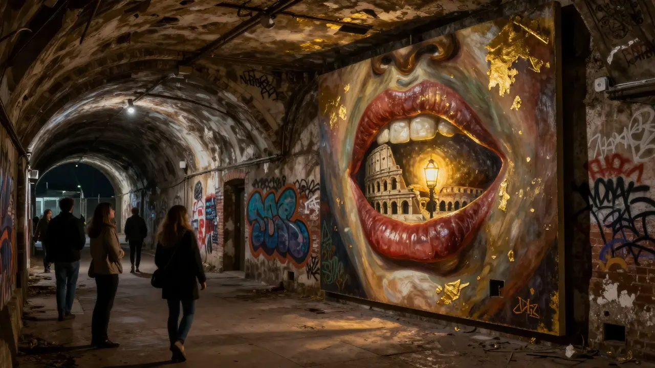 A massive painting of a woman's mouth with a miniature Colosseum inside, glowing in a dark Roman subway tunnel.