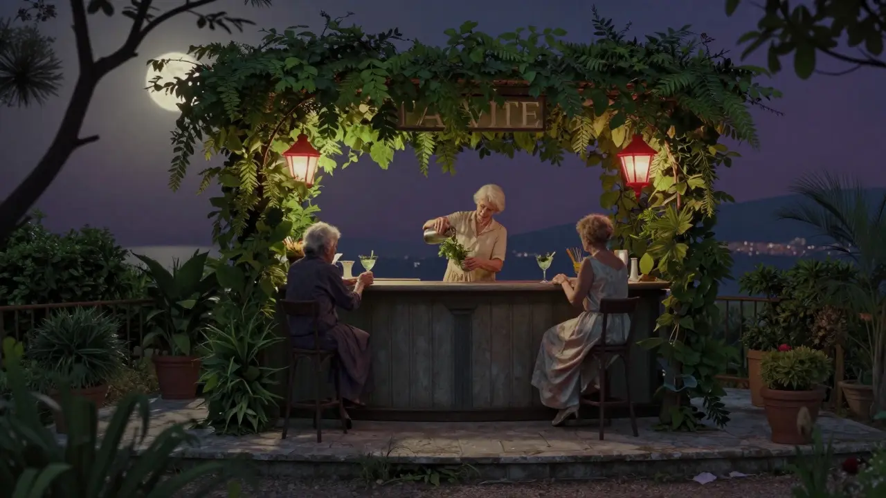 A quiet garden bar atop Monte Mario, an elderly woman pouring herbal cocktails under moonlit leaves.