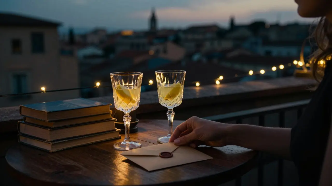 A rooftop bar at twilight with crystal glasses and a wax-sealed envelope on an old wooden table.