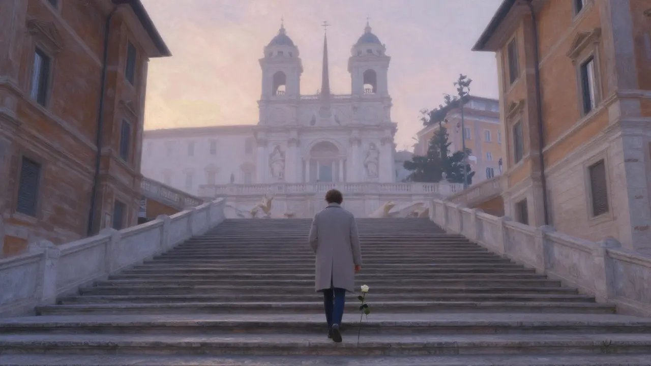 A white rose rests on the Spanish Steps at dawn as a figure walks away into misty Rome.