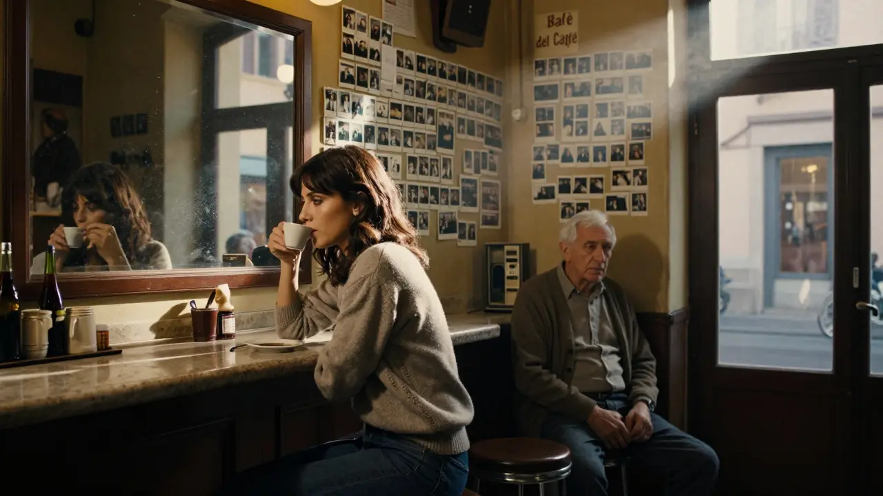A woman at a late-night coffee bar in Trastevere sips espresso beside an elderly man, walls covered in old photographs.