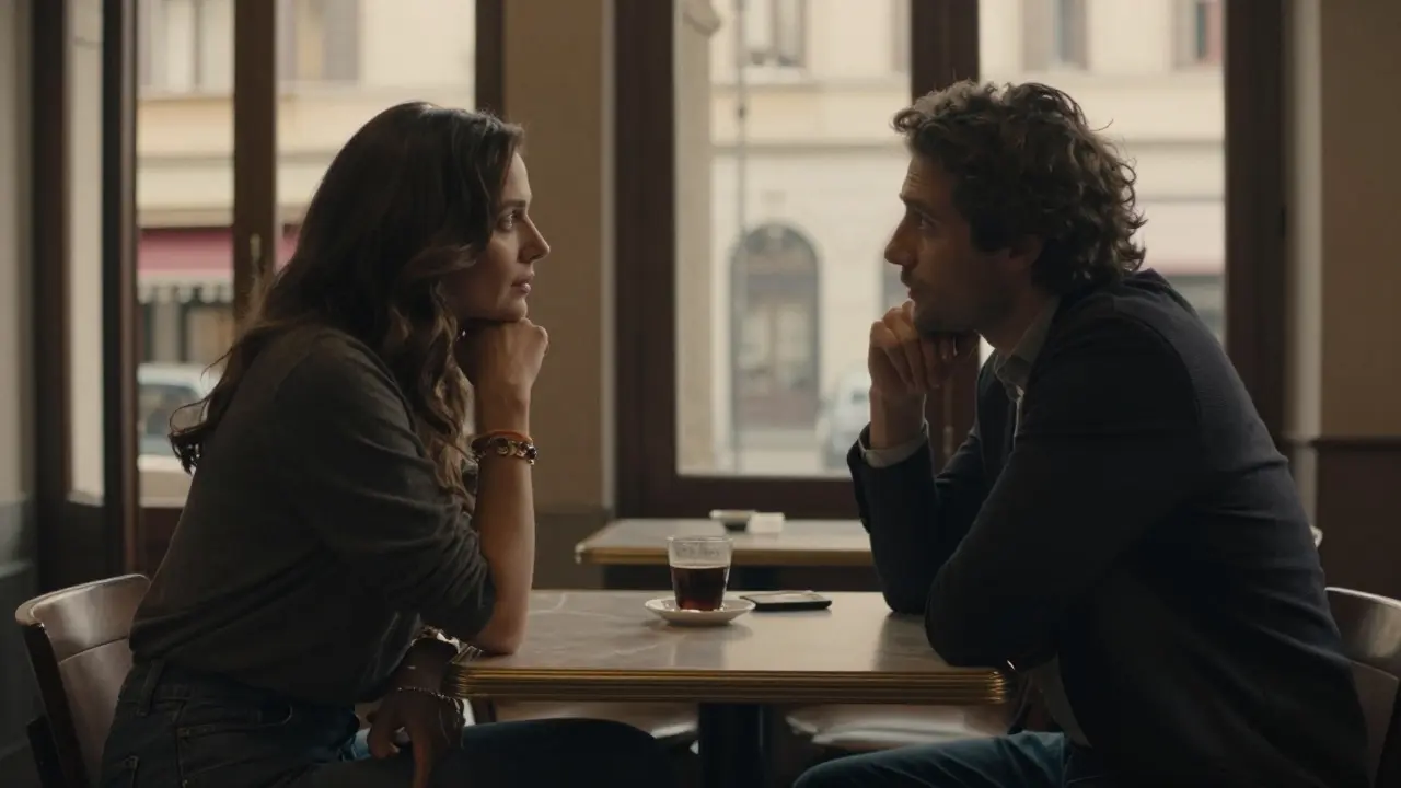 A woman sits at a quiet espresso bar in Rome, sharing a silent moment with a man, vintage jewelry visible, no technology in frame.