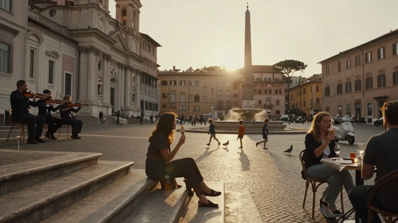 A woman sits on stone steps at sunset in a quiet Roman piazza, golden light casting long shadows over people and pigeons.