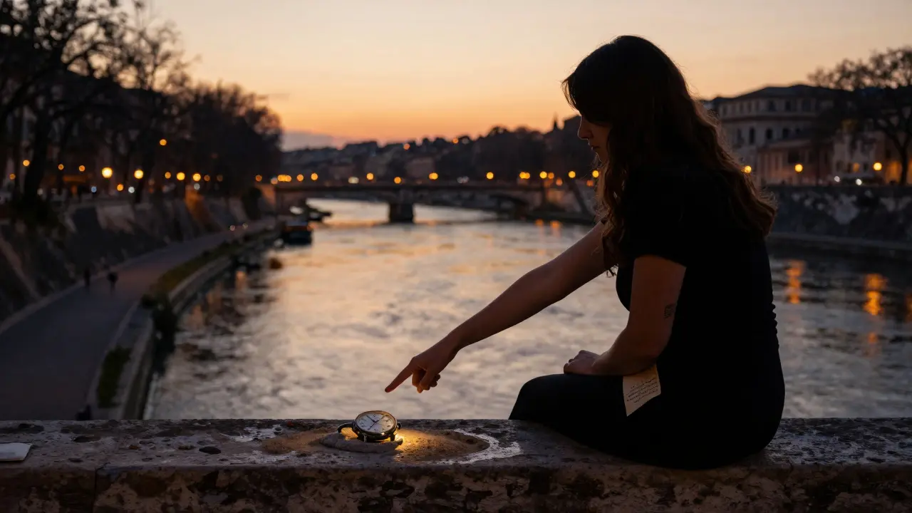 Artemisia Love pointing to a forgotten spot on the Tiber River at dusk, the city glowing softly behind her.