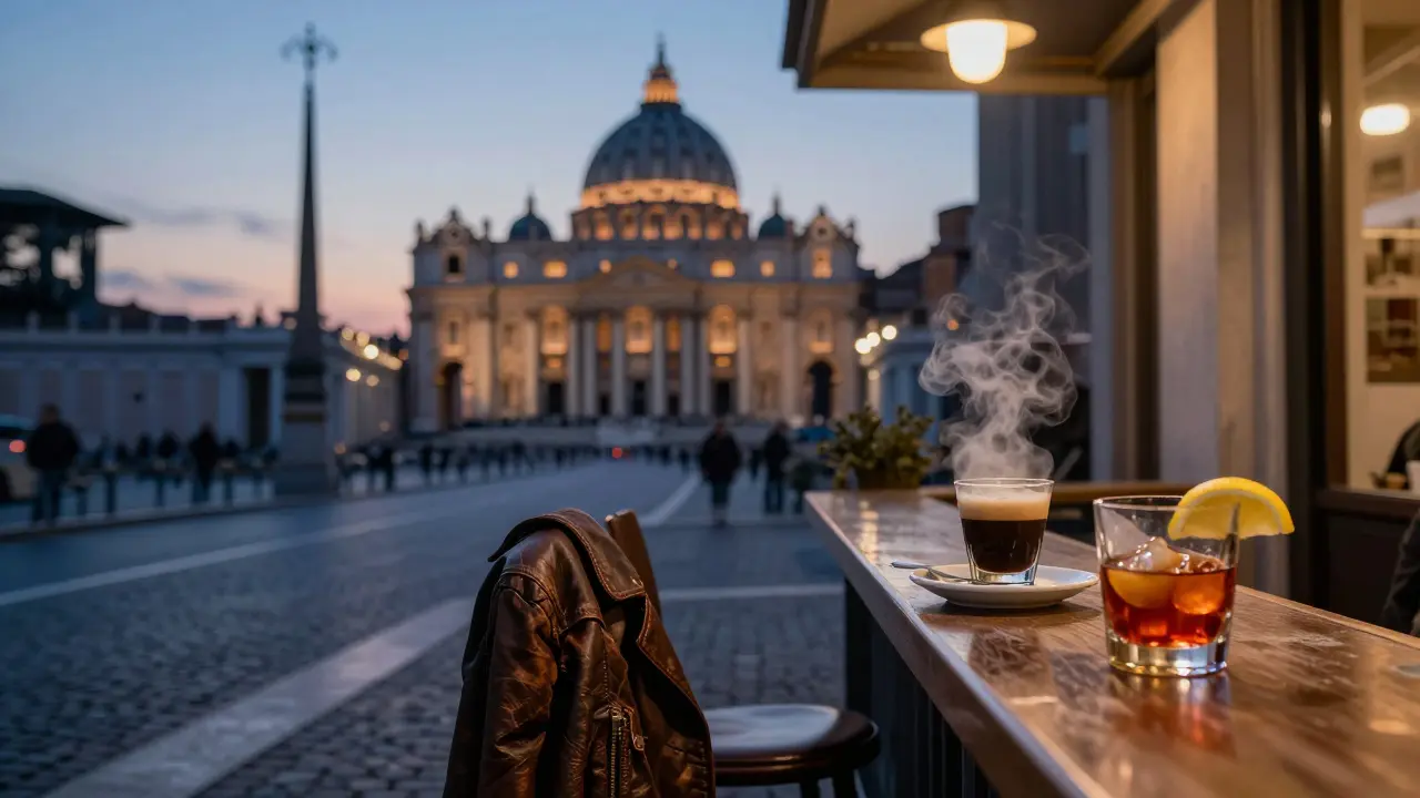Dawn in Rome at 4 a.m., steam rising from an espresso cup beside an untouched Negroni, St. Peter’s dome glowing faintly.