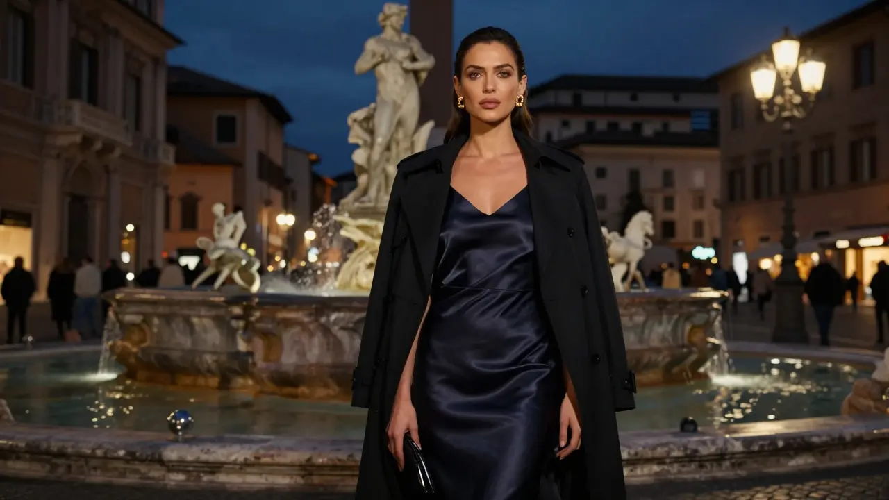 Elegant figure in evening wear standing near lit fountain at twilight in Rome.