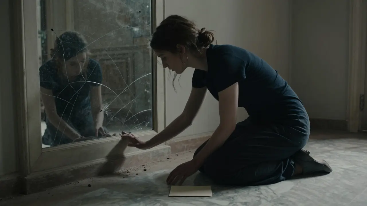 Gia as Maria in 'Luce e Ombra', kneeling before a cracked mirror, dust on her hands, shadows enveloping her.