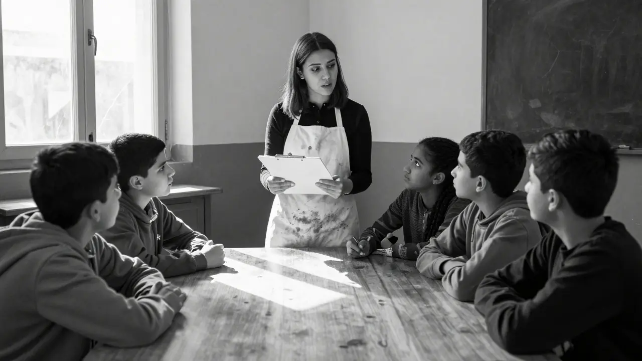 Gia teaching in Ostia, listening to a student, sunlight through windows, apron stained, no makeup.