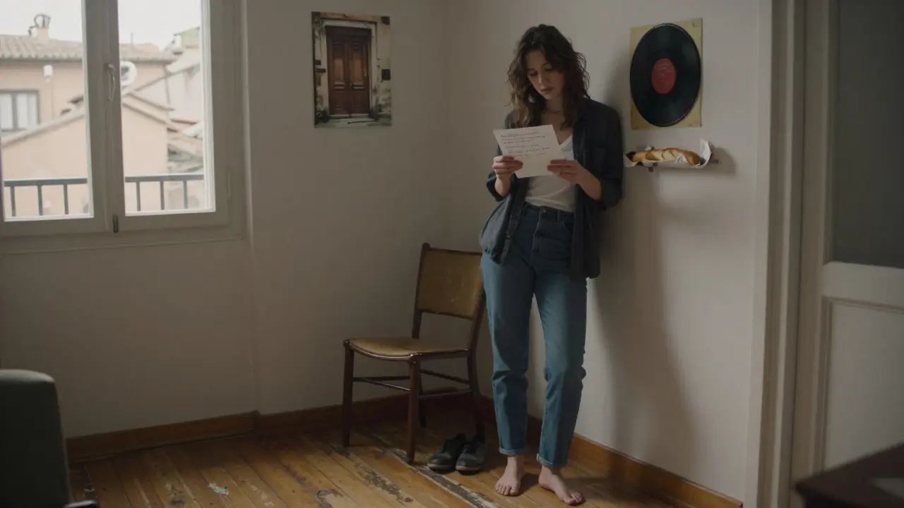 Martina in her modest apartment, holding a stranger's note, barefoot beside her scuffed shoes and a broken chair.
