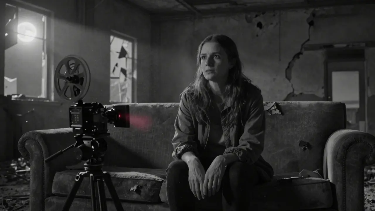 Martina sitting alone on a broken couch in an abandoned Roman warehouse, illuminated by moonlight, lost in memory.